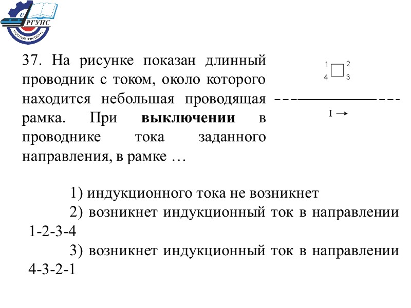 37. На рисунке показан длинный проводник с током, около которого находится небольшая проводящая рамка.